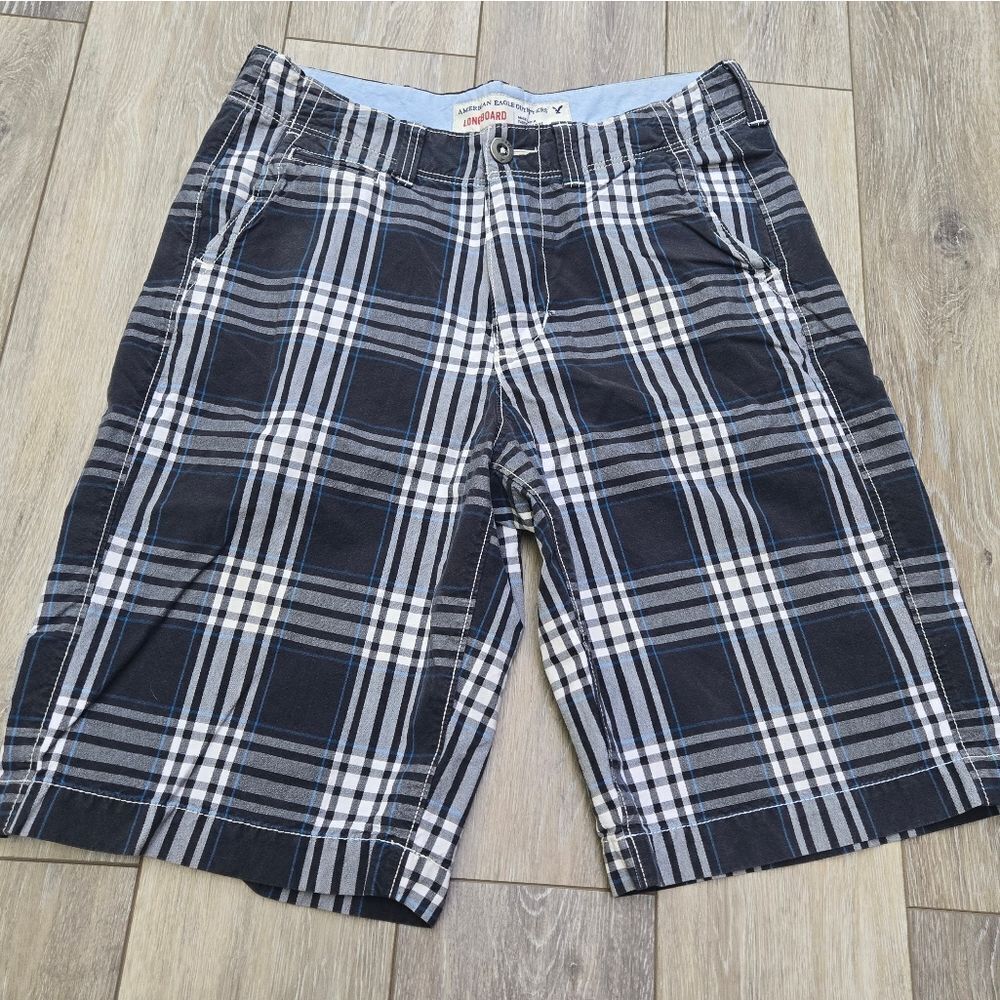 American Eagle Longboard Plaid Burmuda Shorts Navy Blue And White, Cotton Sz 30